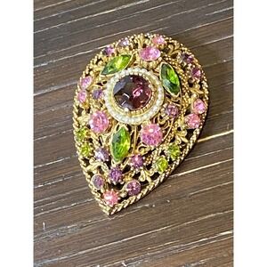 1950's Signed Florenza Cabochon Brooch Pink Green Rhinestone Pearls Bronze Color